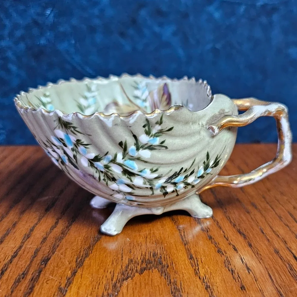 Antique Depon 3817 Porcelain Footed Cup Hand Painted Floral Shell Scalloped Gold